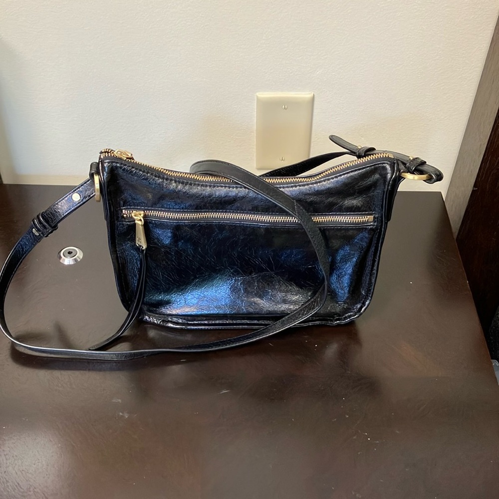HOBO black crinkled patent leather crossbody shoulder bag